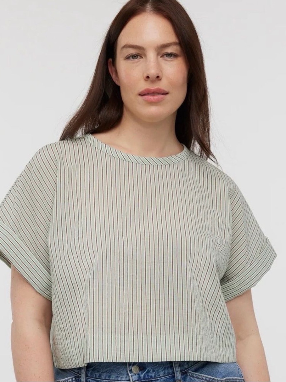 Striped Short-Sleeve Boxy Top in Light Sage